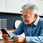 A professional tech consultant, fully clothed in modest business casual attire, patiently assisting an elderly man with salt-and-pepper hair. They are seated at a wooden dining table in a bright, tidy home kitchen. The man is focused on a smartphone, learning to use a banking app with a look of concentration and growing confidence. The consultant gestures gently towards the screen, demonstrating a feature. The atmosphere is calm and supportive, with soft natural light. Safe for work, appropriate content, fully clothed, professional, modest, family-friendly, perfect anatomy, correct proportions, natural pose, well-formed hands, proper finger count, natural body proportions, professional photography, high quality.