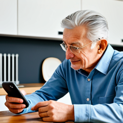 A professional tech consultant, fully clothed in modest business casual attire, patiently assisting an elderly man with salt-and-pepper hair. They are seated at a wooden dining table in a bright, tidy home kitchen. The man is focused on a smartphone, learning to use a banking app with a look of concentration and growing confidence. The consultant gestures gently towards the screen, demonstrating a feature. The atmosphere is calm and supportive, with soft natural light. Safe for work, appropriate content, fully clothed, professional, modest, family-friendly, perfect anatomy, correct proportions, natural pose, well-formed hands, proper finger count, natural body proportions, professional photography, high quality.