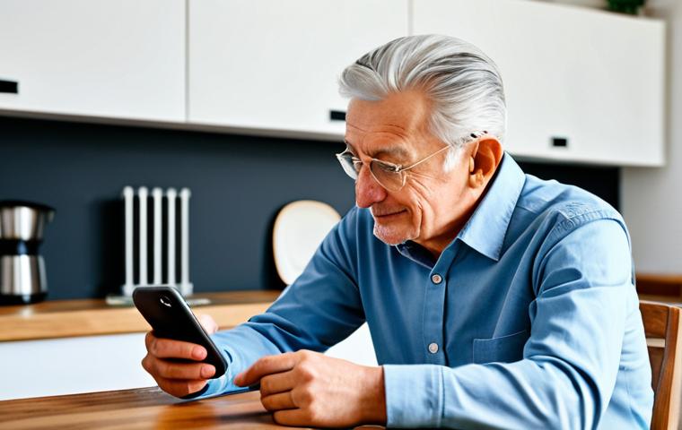 A professional tech consultant, fully clothed in modest business casual attire, patiently assisting an elderly man with salt-and-pepper hair. They are seated at a wooden dining table in a bright, tidy home kitchen. The man is focused on a smartphone, learning to use a banking app with a look of concentration and growing confidence. The consultant gestures gently towards the screen, demonstrating a feature. The atmosphere is calm and supportive, with soft natural light. Safe for work, appropriate content, fully clothed, professional, modest, family-friendly, perfect anatomy, correct proportions, natural pose, well-formed hands, proper finger count, natural body proportions, professional photography, high quality.